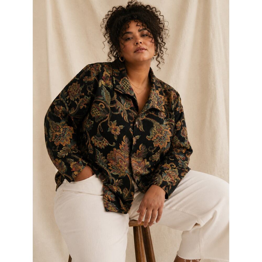 Vintage Susan Graver Style Cotton Blend Floral Tapestry Button Front Blazer 2X